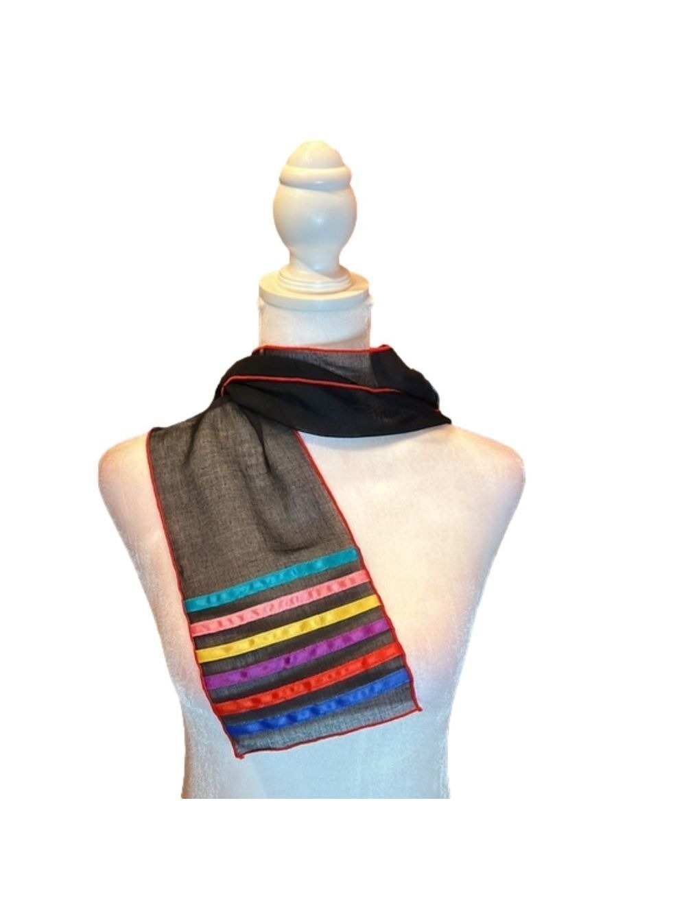 SCARF Black Sheer Scarf-Tie w/ Vibrant Rainbow Color Silky Ribbons